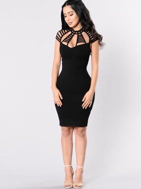Fashion Nova Black Cage-Neck Bodycon Mini Dress L